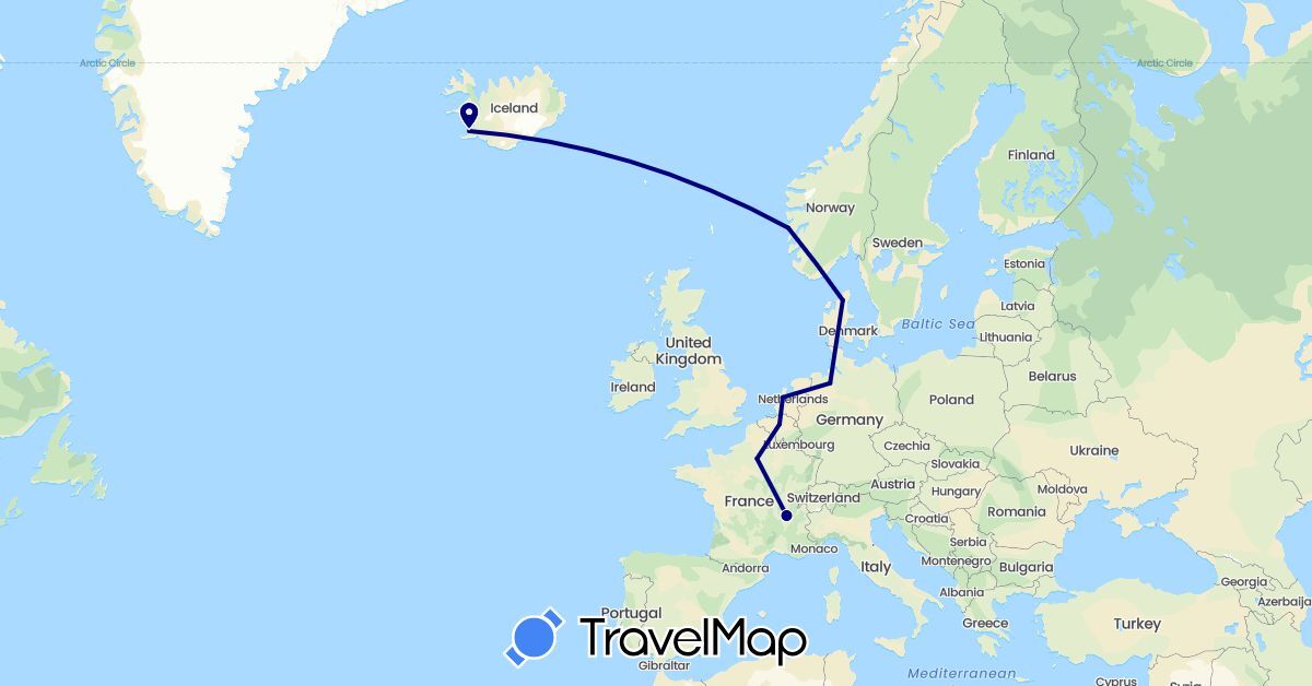TravelMap itinerary: driving in Belgium, Germany, Denmark, France, Iceland, Netherlands, Norway (Europe)